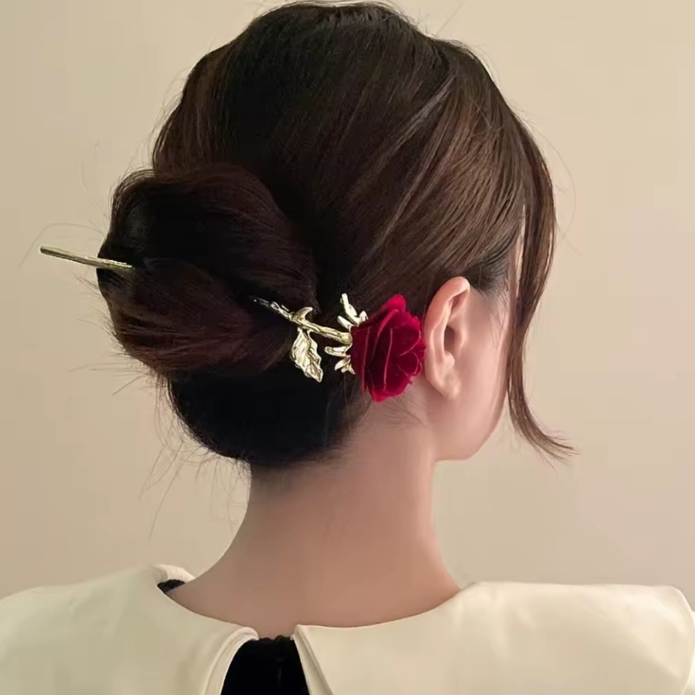 Brand New Gold Tone Red Rose Hair Pin